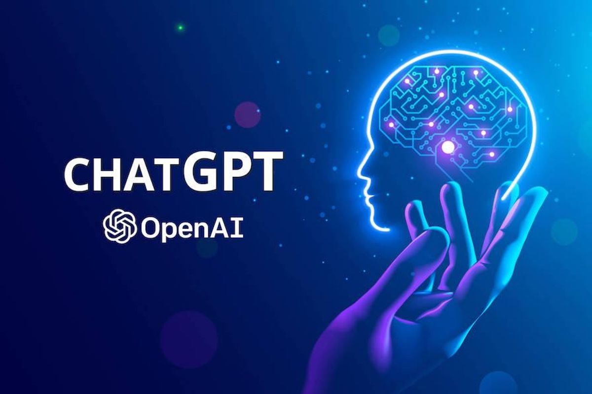 image of hand holding an ai face looking at the words chatgpt openai