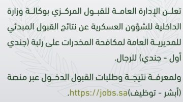 نتائج القبول المبدئي مكافحة المخدرات 1445 رجال على رتبة ( جندي أول – جندي)