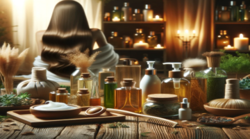 DALL·E 2024 01 09 17.55.39 A serene spa like setting focused on hair care and beauty. The scene shows a variety of natural hair care products like oils herbs and shampoos ar 1