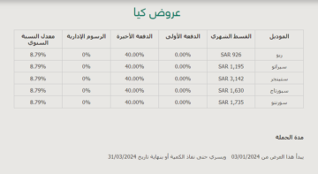 عروض كيا 2024 الجديدة بالمملكة بمناسبة بداية العام بأقل الأسعار لفترة محدودة