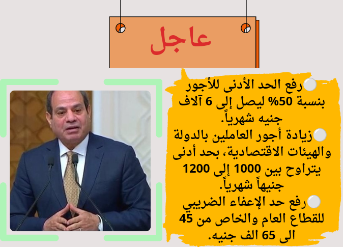 رفع الحد الأدنى للأجور 50%…الرئيس السيسى يصدر قرارات مهمة لتخفيف الأعباء المعيشية عن المواطنين