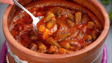 طريقة عمل طاجن البامية باللحمة بطعم أصيل مع الأرز