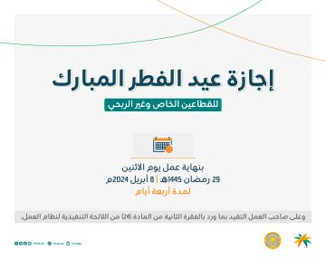 الموارد البشرية: إجازة عيد الفطر المبارك للقطاع الخاص تبدأ بنهاية عمل الإثنين 8 أبريل … وهذه عدد الأيام