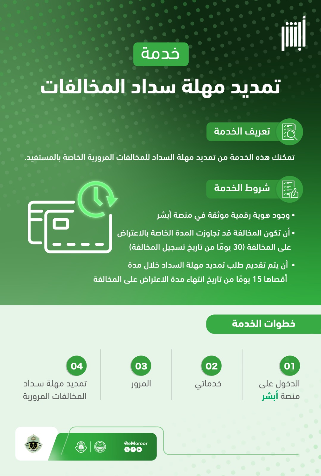 اتاح المرور السعودى خدمة تمديد مهلة سداد المخالفات المرورية عبر منصة أبشر الإلكترونية 5 اتاح المرور السعودى خدمة تمديد مهلة سداد المخالفات المرورية عبر منصة أبشر الإلكترونية