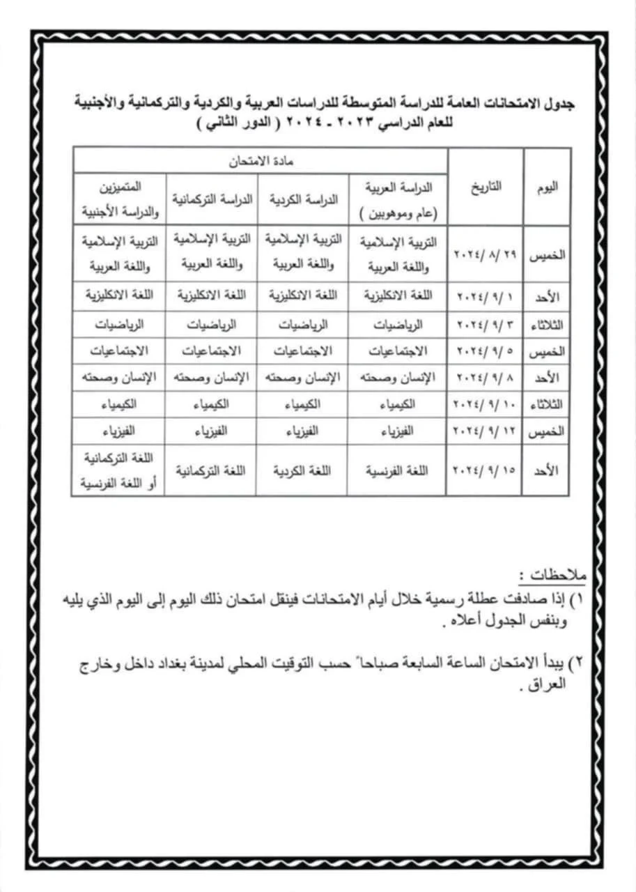 ما هو جدول امتحانات الدور الثاني في العراق 2024؟ وزارة التربية تُجيب