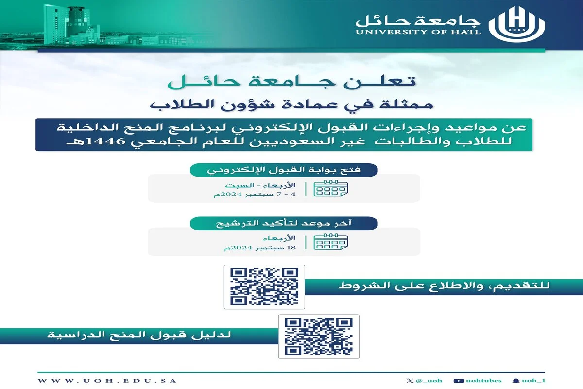 جامعة حائل تفتح باب التقديم على المنح الداخلية للطلاب غير السعوديين 1446 .. لمدة 4 أيام فقط