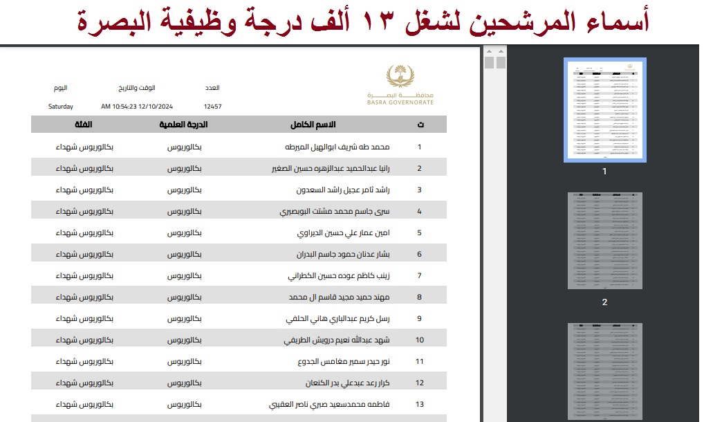 “basra.gov.iq” كشف pdf أسماء الفائزين في 13 ألف درجة وظيفية في محافظة البصرة 2024