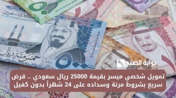 تمويل شخصي ميسر بقيمة 25000 ريال سعودي . قرض سريع بشروط مرنة وسداده على 24 شهراً بدون كفيل