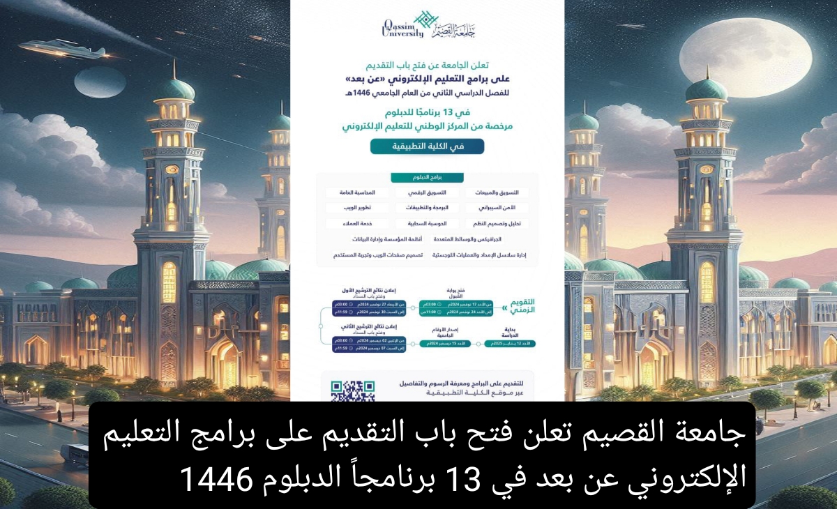 عاجل| جامعة القصيم تعلن فتح باب التقديم على برامج التعليم الإلكتروني عن بعد في 13 برنامجاً الدبلوم 1446