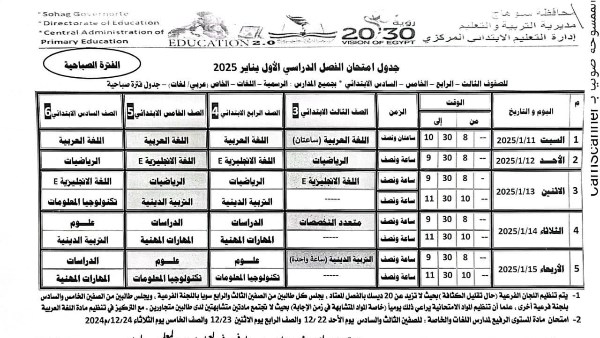 عاجل: جدول امتحانات الفصل الدراسي الأول للابتدائية بسوهاج يناير 2025 7 عاجل: جدول امتحانات الفصل الدراسي الأول للابتدائية بسوهاج يناير 2025