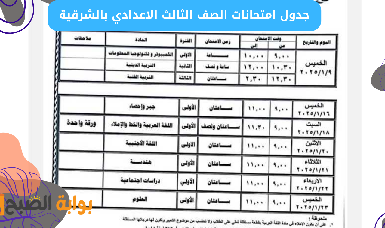 “ننشر” جدول امتحانات الصف الثالث الاعدادي الترم الاول محافظه الشرقيه 2025 كاملاً