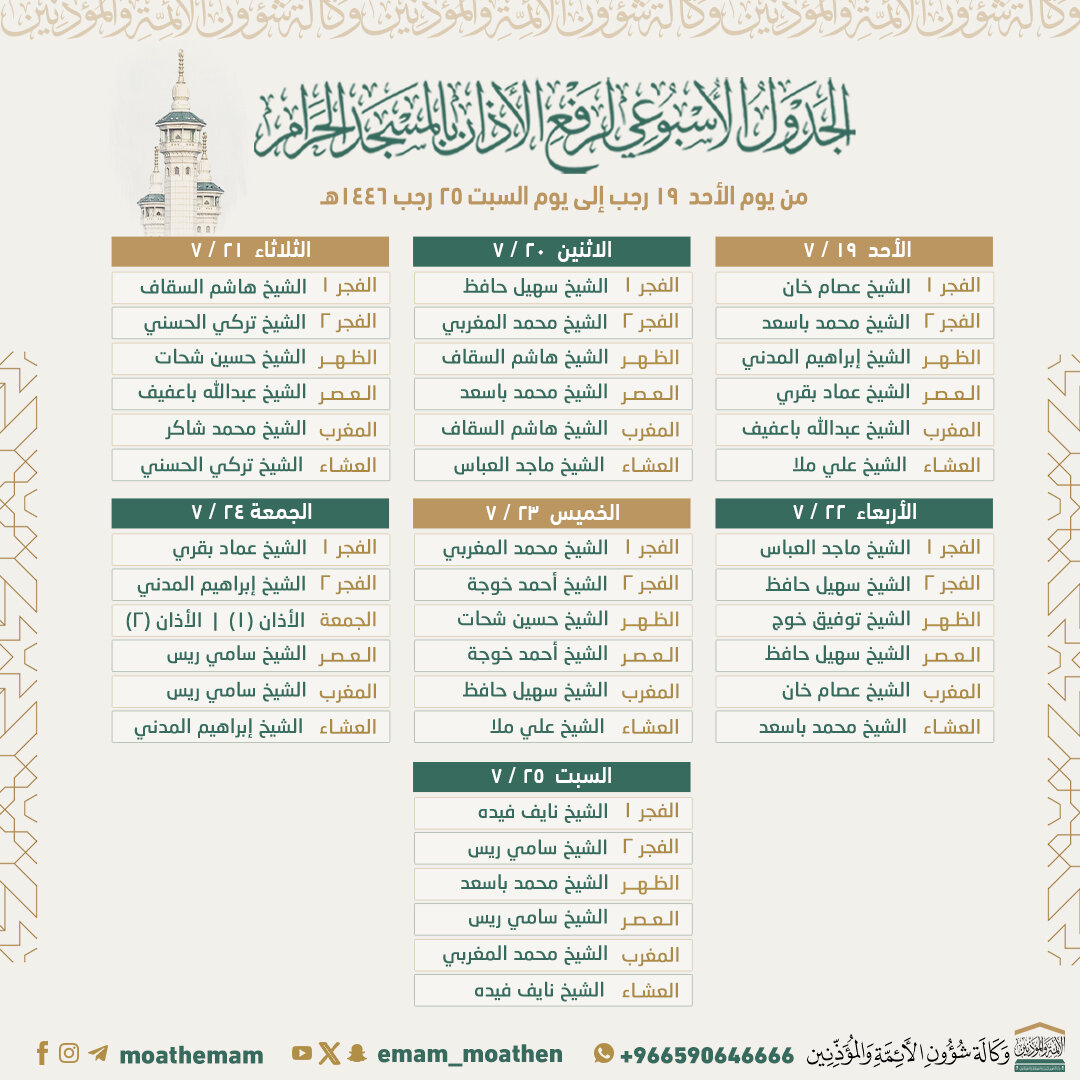 جدول أئمة الحرم المكي هذا الأسبوع 1446 من الأحد 19 رجب 19 يناير 2025