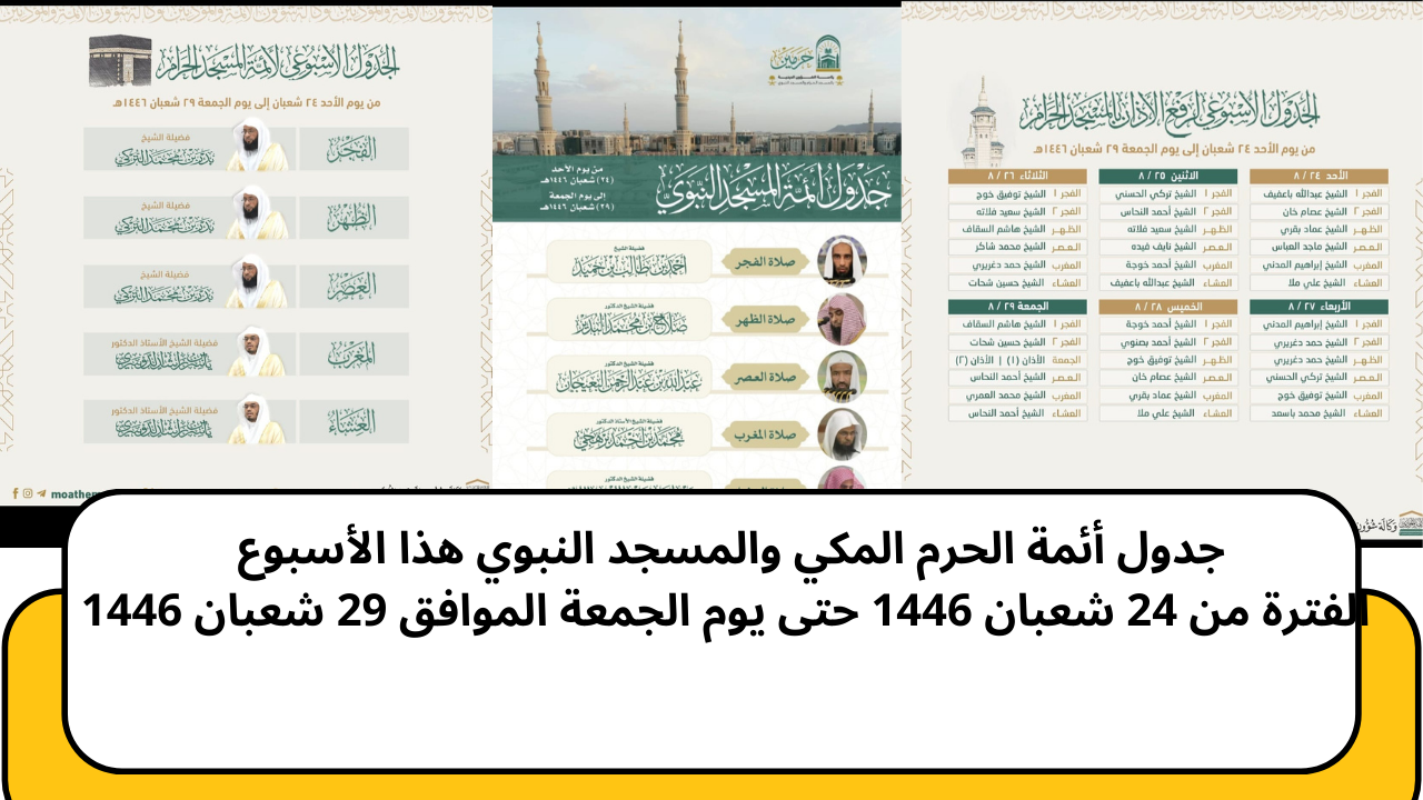 “الجدول الأسبوعي” جدول الأئمة والمؤذنين للحرم المكي في الفترة من الأحد 24 شعبان حتى الجمعة 29 شعبان 1446