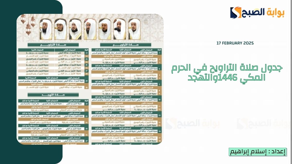 عاجل "الأئمة والمؤذنين" تُعلن جدول صلاة التراويح في الحرم المكي 1446 والتهجد الأبرز "المعيقلي" و "الدوسري" 6 عاجل “الأئمة والمؤذنين” تُعلن جدول صلاة التراويح في الحرم المكي 1446 والتهجد الأبرز “المعيقلي” و “الدوسري”