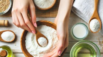 DALL·E 2025 02 12 13.01.25 A top down view of a womans hands preparing a natural hair removal mixture using cornstarch olive oil and rice flour in a small glass bowl. The sce 1280x720 1