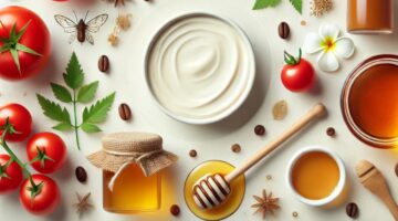 DALL·E 2025 02 12 14.18.01 A visually appealing image illustrating natural skincare with ingredients like tomatoes coffee and honey arranged aesthetically. The background is s 1280x720 1