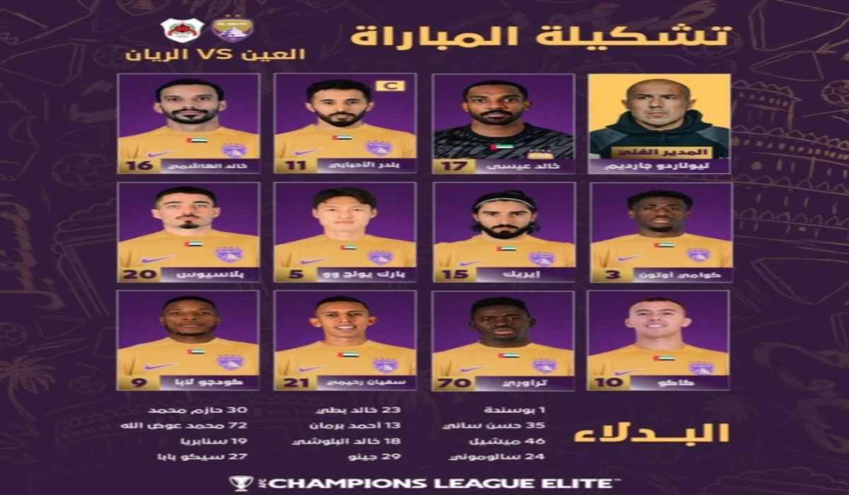 تشكيلة العين ضد الريان الرسمية al ain vs al rayyan في دوري أبطال آسيا 2025