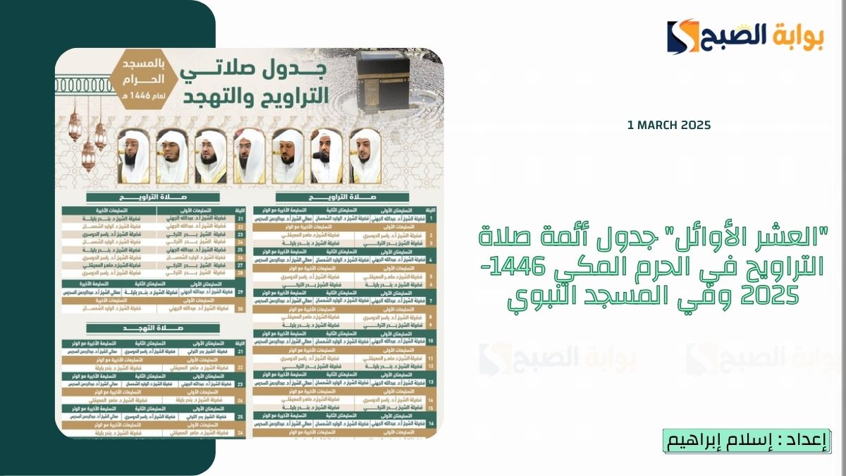“العشر الأوائل” جدول أئمة صلاة التراويح في الحرم المكي 1446-2025 وفي المسجد النبوي