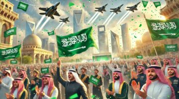 DALL·E 2025 03 11 10.43.20 A grand celebration of Saudi Flag Day in a modern city with Saudi Arabian landmarks in the background. The scene features men women and children dre 1280x720 1