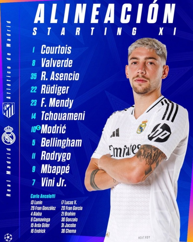 تشكيلة ريال مدريد ضد أتلتيكو مدريد الرسمية في دوري أبطال أوروبا 2025 atlético madrid vs real madrid ومعلق اللقاء والقنوات الناقلة