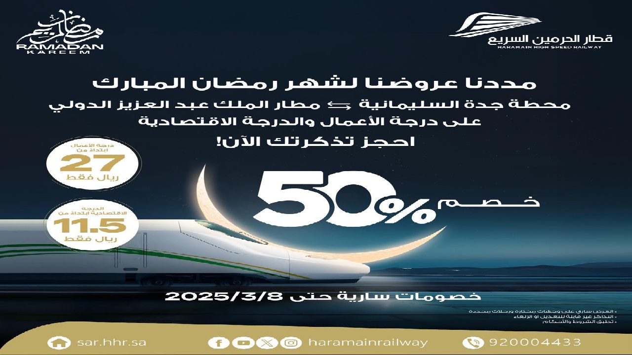 تذكرتك بنصف السعر .. عروض قطار الحرمين السريع في شهر رمضان 2025 للدرجة الإقتصادية والأعمال