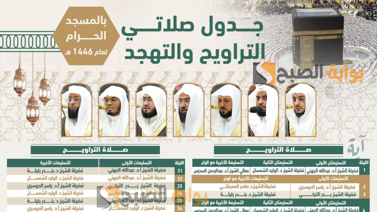 جدول الأئمة في صلاتي التراويح والتهجد بالحرم المكي في العشر الأواخر من رمضان 1446